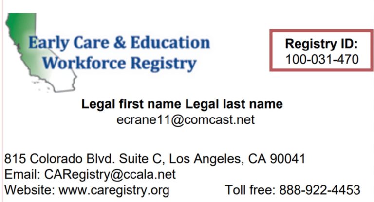 California ECE Workforce Registry Membership Card with Registry ID number in upper right.