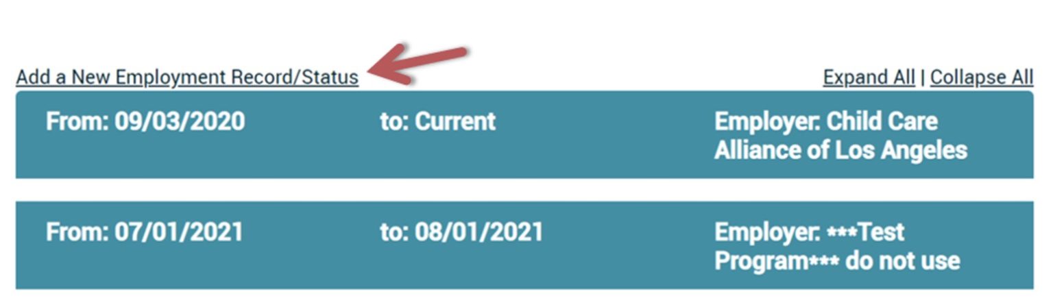 Arrow pointing to Add a New Employment Record/Status button.