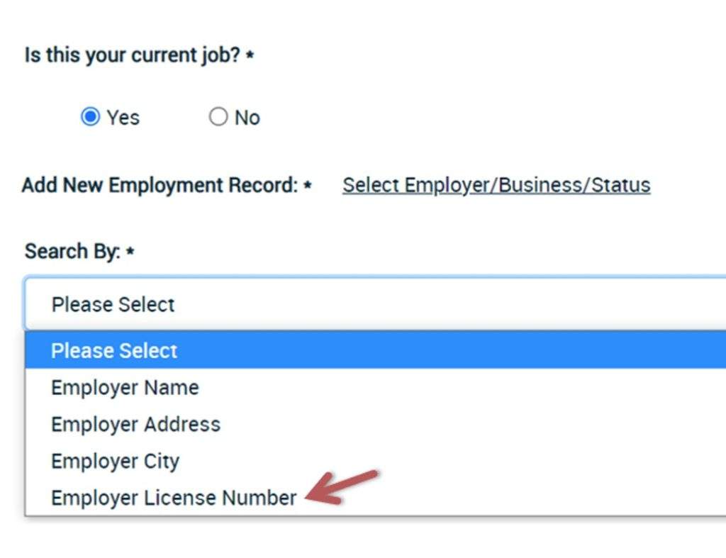 Arrow pointing to searching for new employer by License number.
