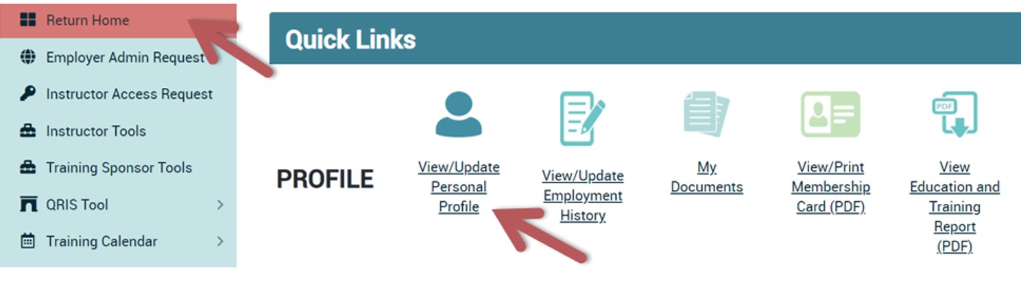 Arrows pointing to Return Home and View/Update Personal Profile links.