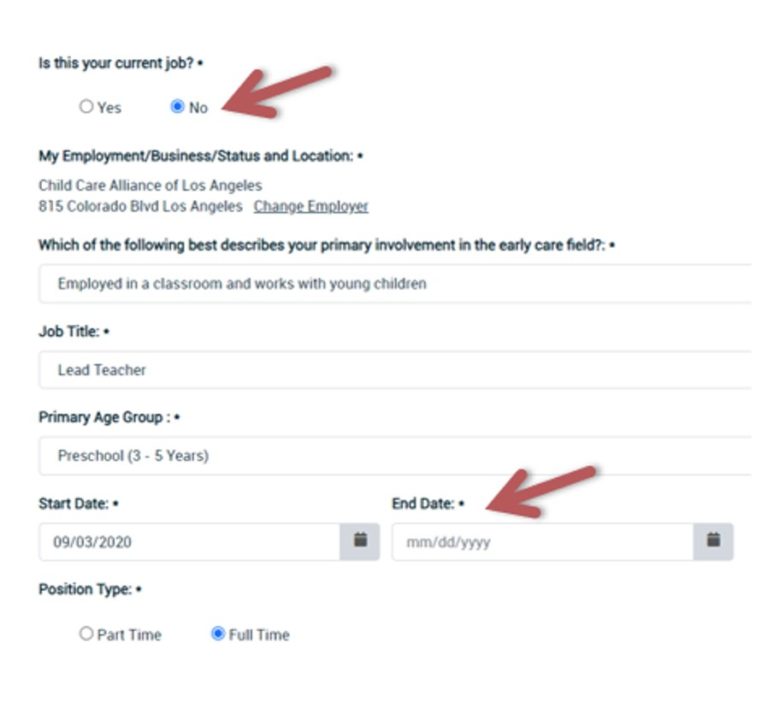 Arrow pointing to field, Is this your current employment? With Yes or No clickable options. Additional arrow is pointing to End date field for employment