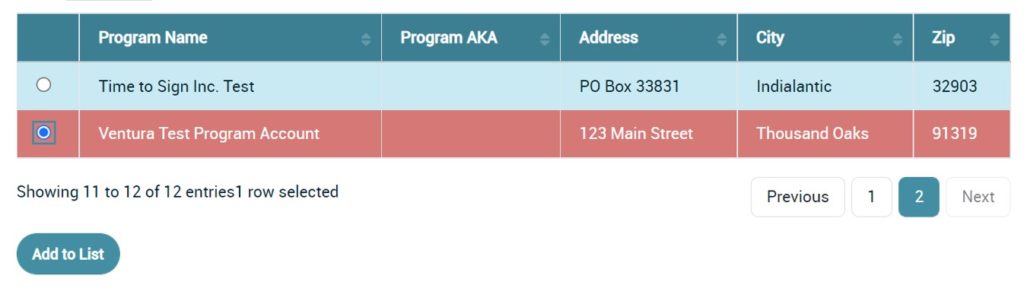 Shows an example of a selected Employer, by clicking on the radio dial next to the employer name.