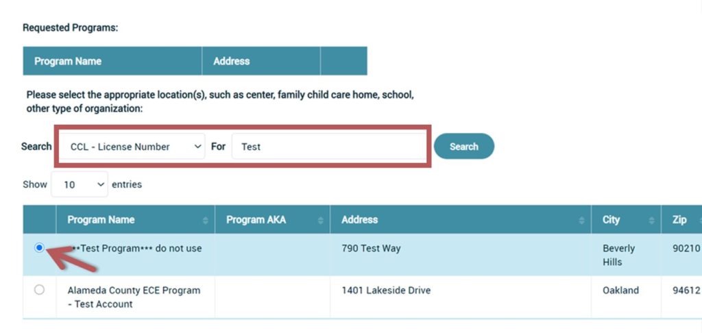 Arrow points to radio dial to the left of the name of the employer.