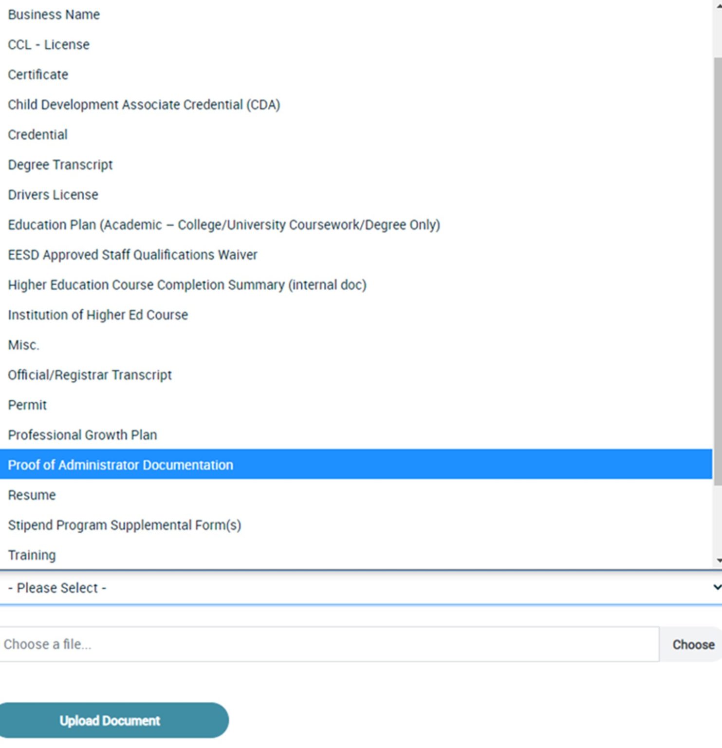 Shows dropdown with selection Proof of Administrator Documentation highlighted.