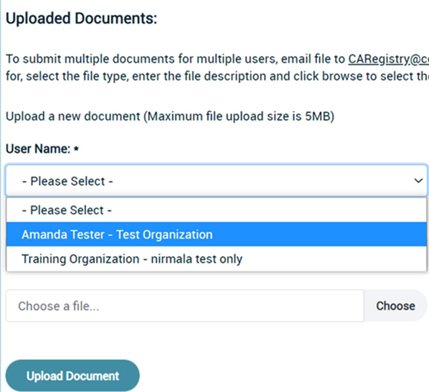 Shows dropdown menu of staff names that can be selected when uploading documents for staff.
