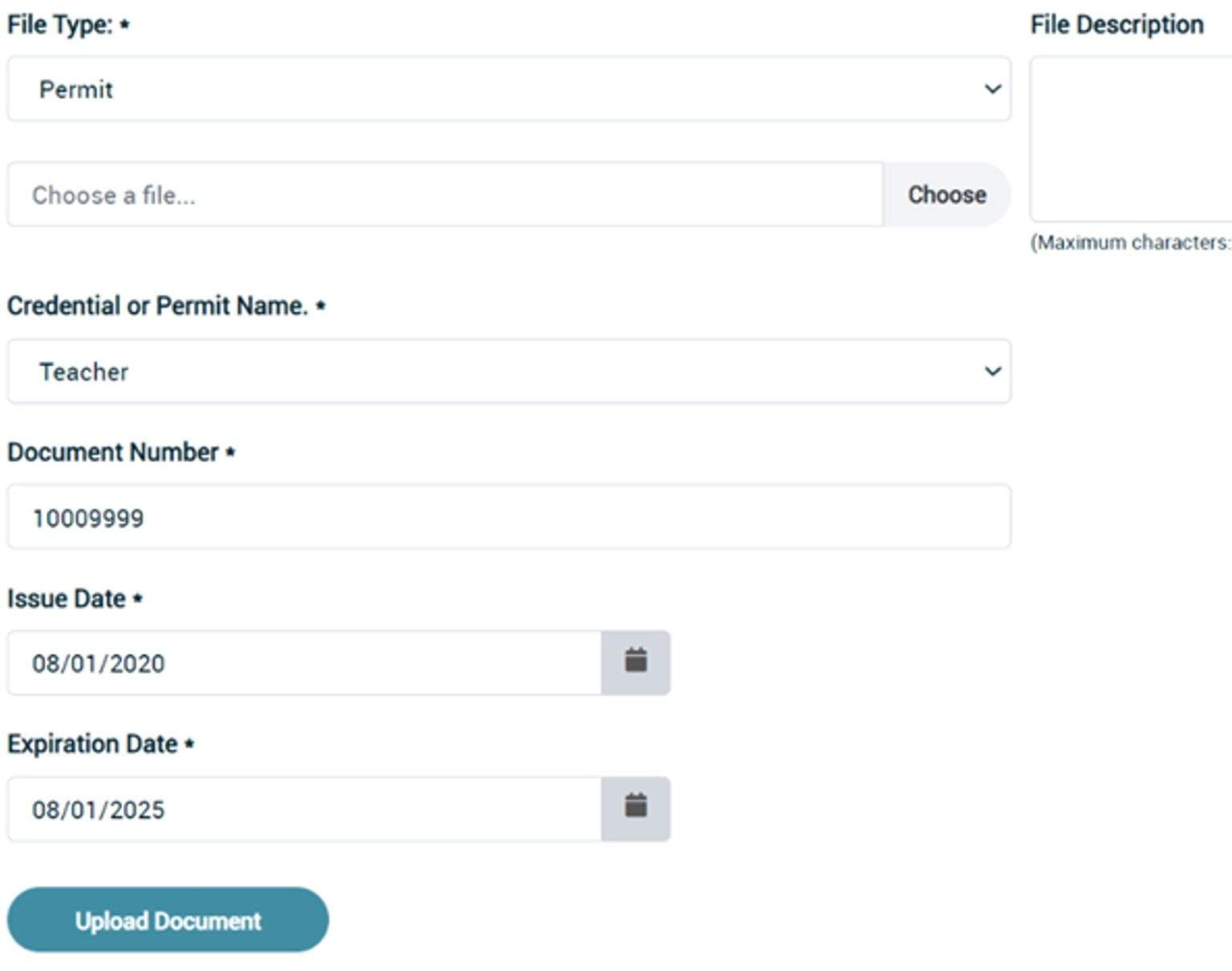 Shows fields for entering a Child Development permit including type, document number, and issue and expiration dates.