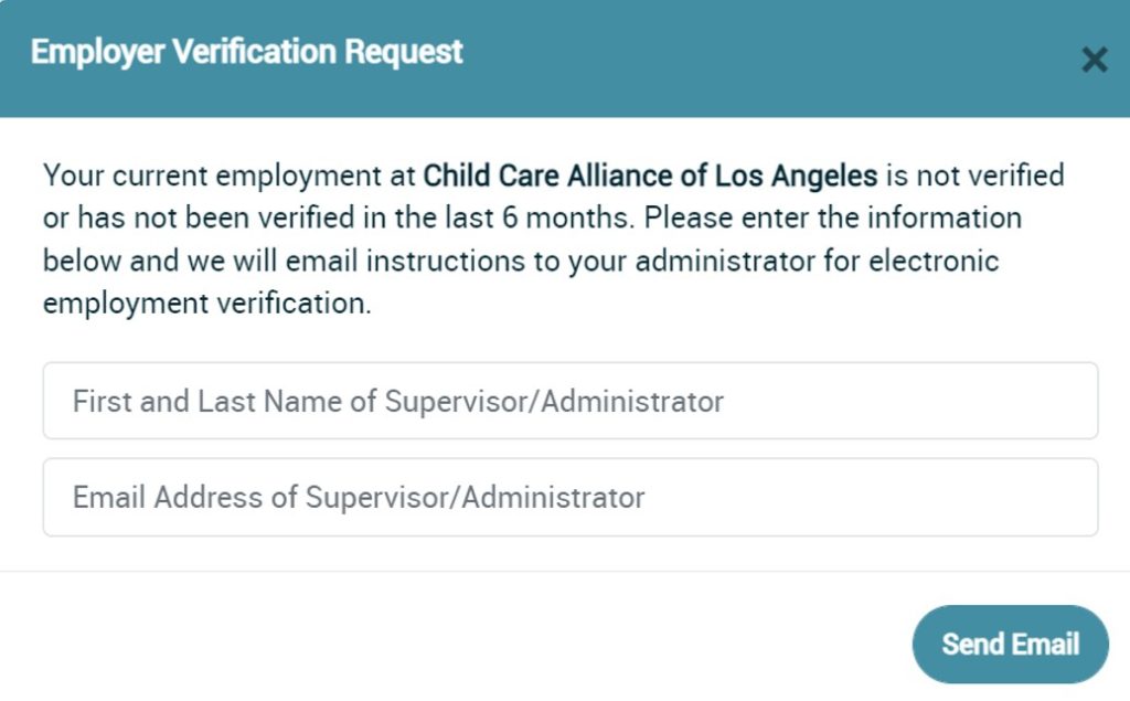 Shows Employer Verification Request including supervisor name and email address.