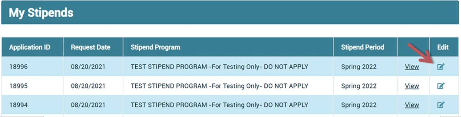 Arrow points to Edit button on the far right of My Stipends.