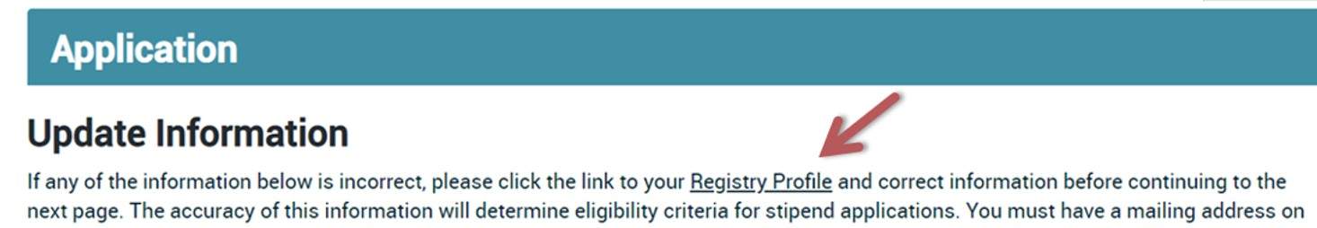 Arrow points to Registry Profile so that a stipend applicant can update their profile.