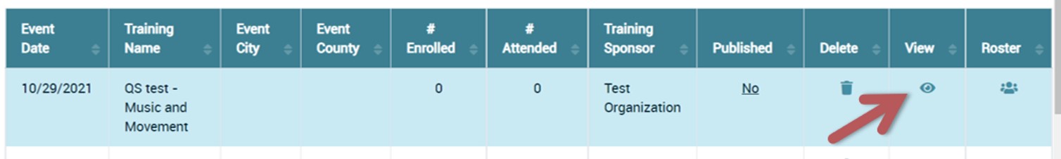 Arrow points to View icon, which is the enrollment page.