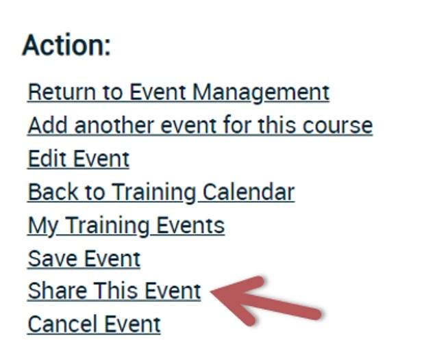 Arrow points to Share this Event link under Action header on the lower right hand corner of page.