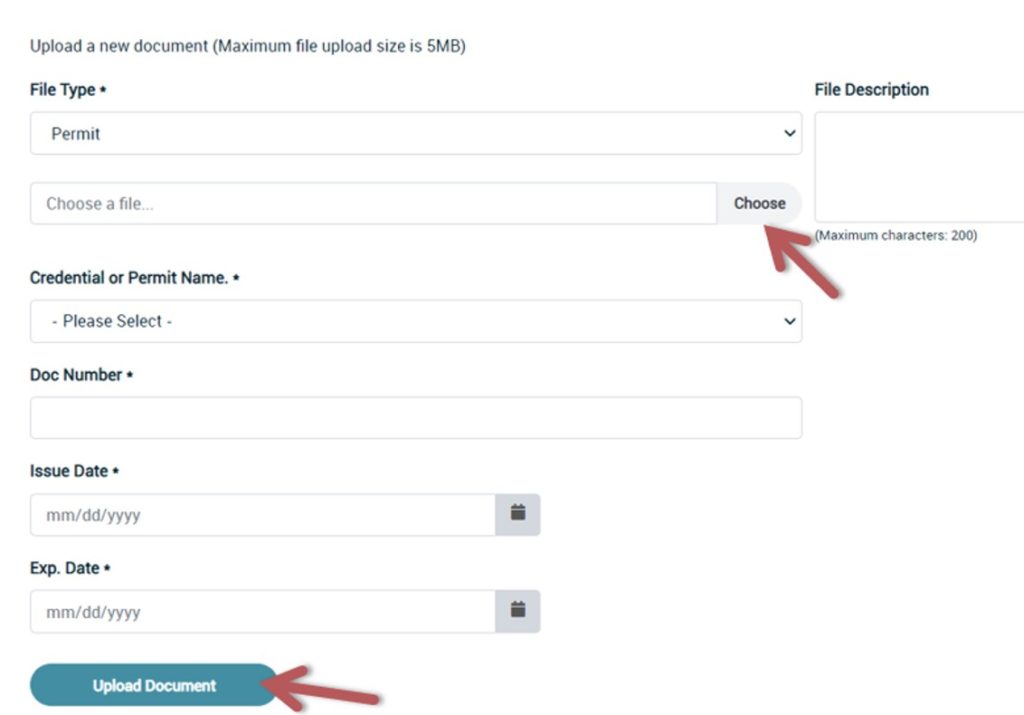 Arrows point to choose file and Upload Documents button.